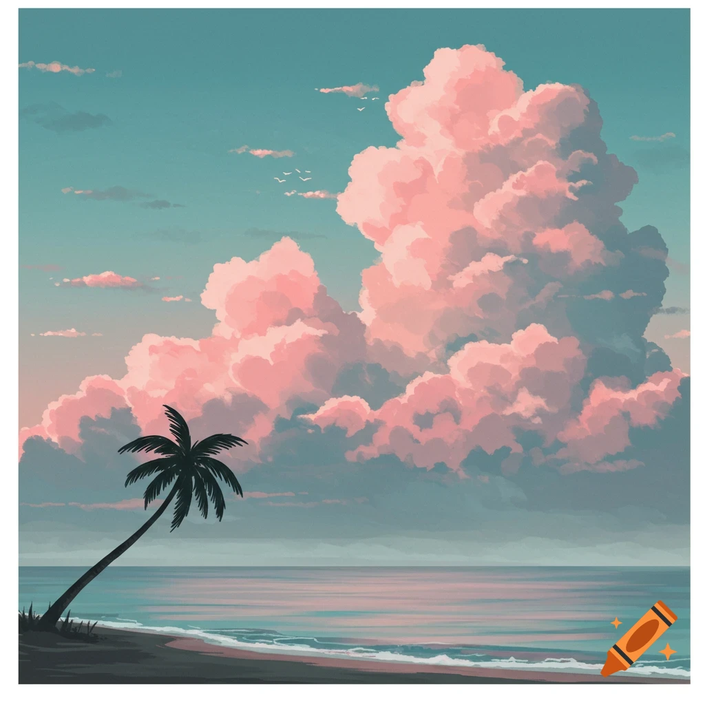 Stylized illustration of a beach with a palm tree, ocean, and large pink clouds in the sky at sunset.