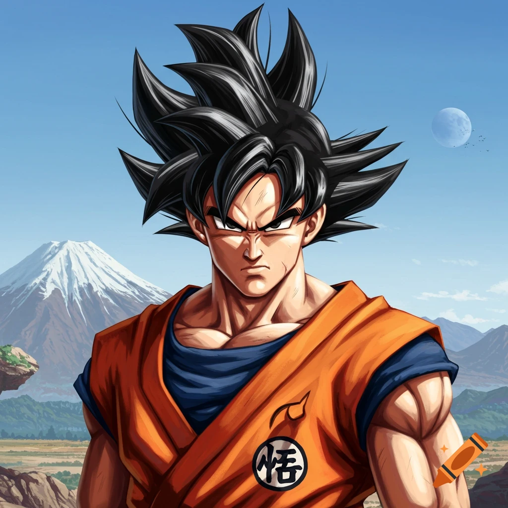 Goku with spiky black hair and orange gi stands sternly in front of a mountain and moon.