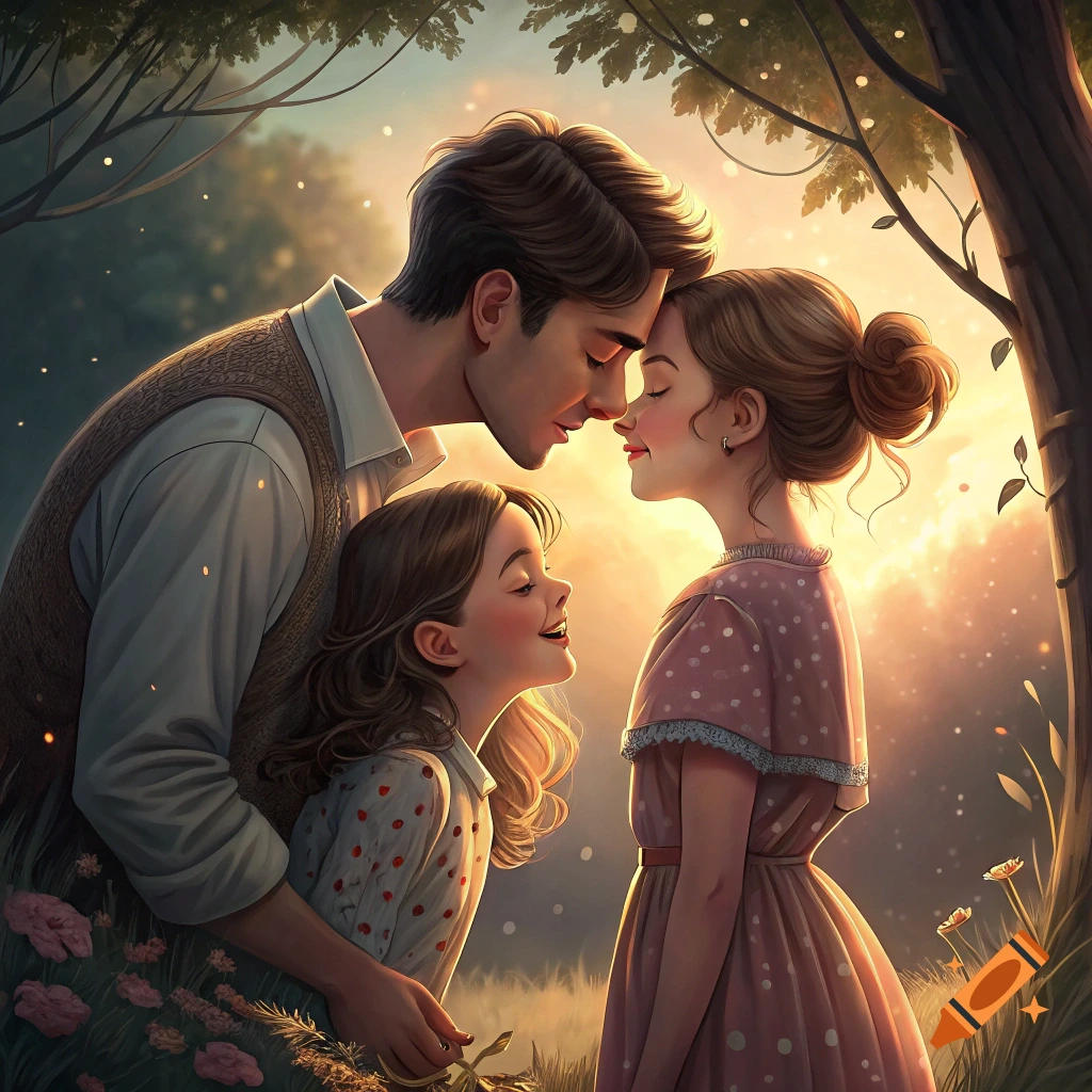 A man, woman, and child embracing and smiling in a sunny, outdoor setting. Illustrated style.