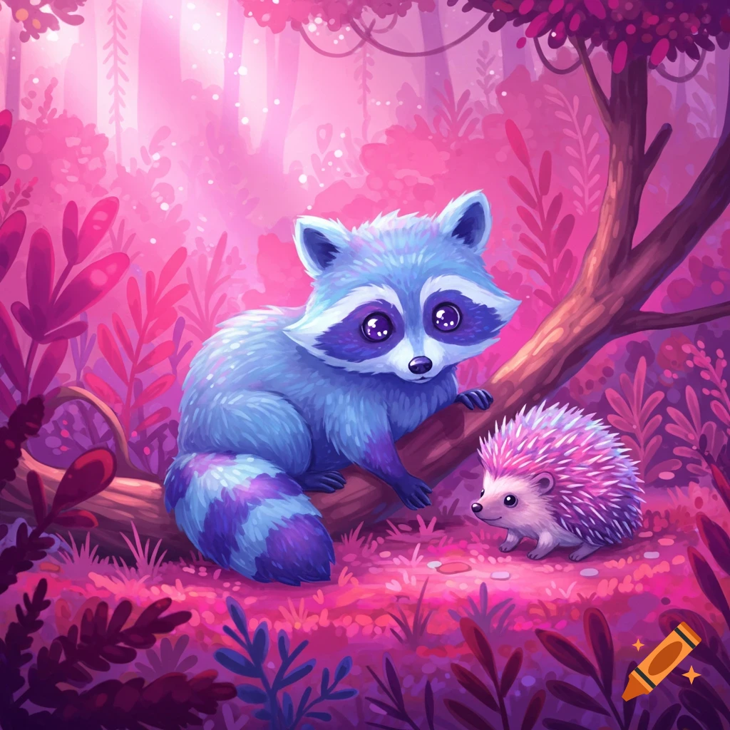A blue and purple raccoon and a pink hedgehog sit in a vibrant pink and purple forest illustration.