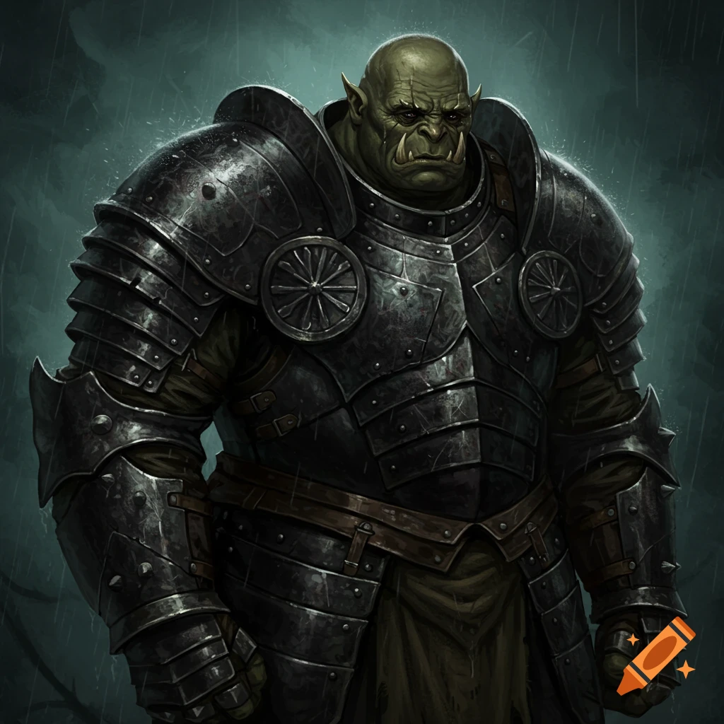 An imposing orc in dark heavy armor stands in the rain.