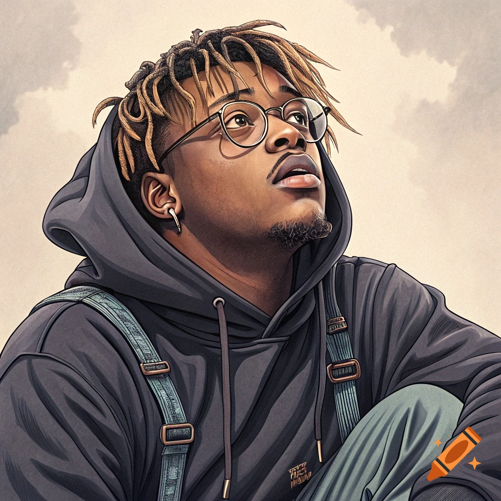 Illustration of a person with dreadlocks, glasses, hoodie, and overalls looking up.