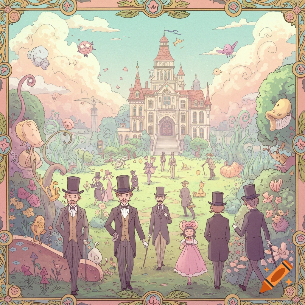 Illustration of people in top hats in a whimsical garden with a large building and strange plants.