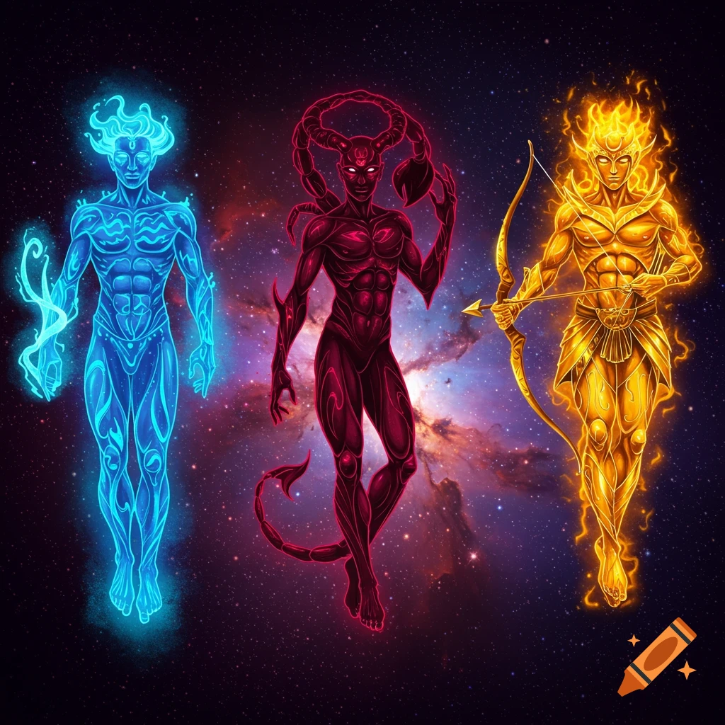 Three stylized figures representing Aquarius (blue), Scorpio (red), and Sagittarius (gold) against a galaxy background.