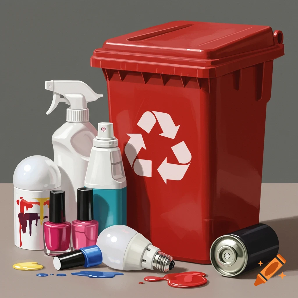 Red household hazardous waste container with cleaner, nail polish, light bulb, paint, and aerosol can.