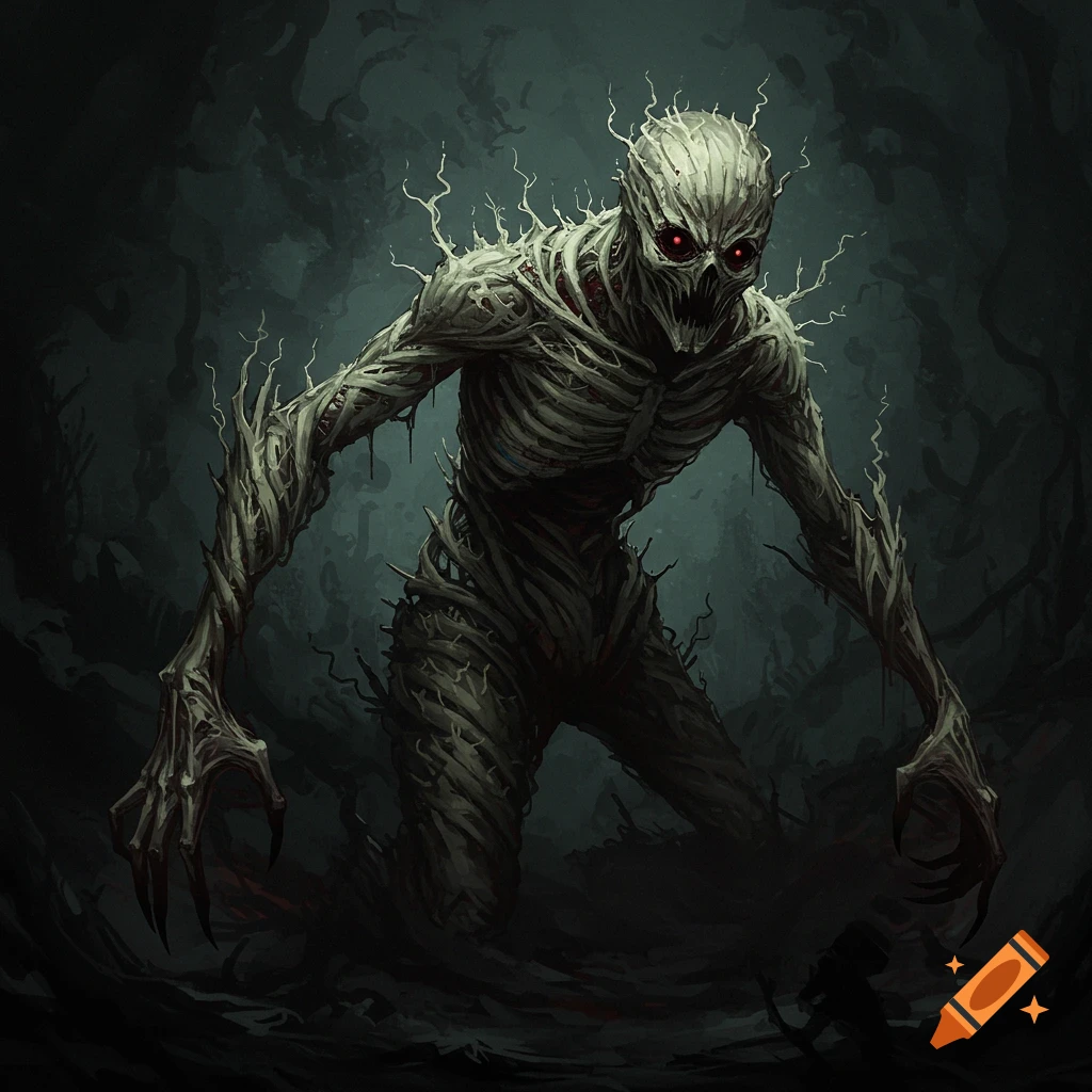A gaunt, bone-like monster covered in tangled branches with glowing red eyes in a dark forest.