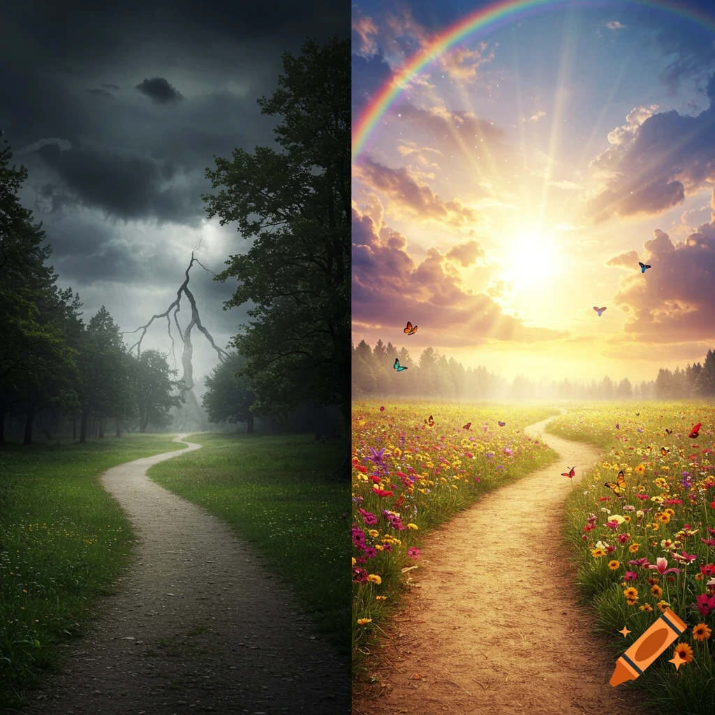Path splits into stormy forest and sunny meadow with flowers and rainbow.