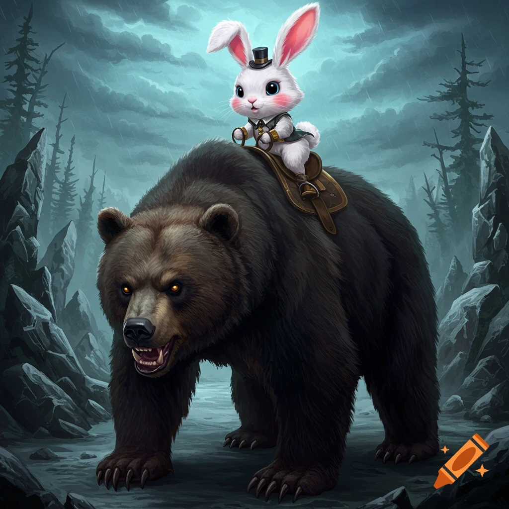 A cute white bunny in a top hat rides on the back of a large, creepy brown bear through a stormy forest. Digital illustration.