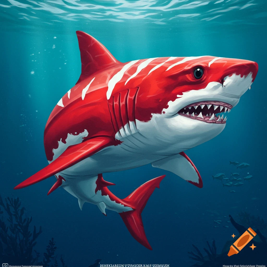 A stylized red and white shark swims underwater.