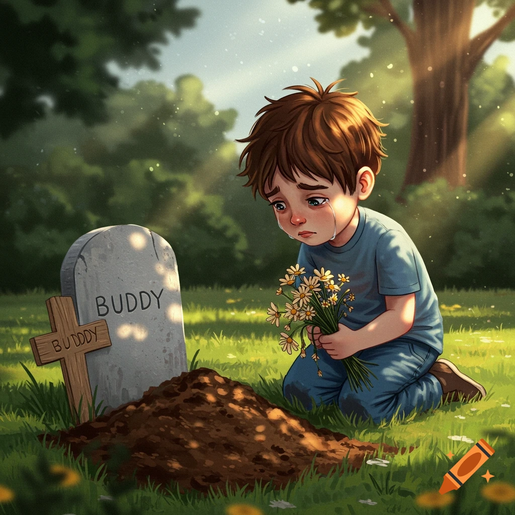 A crying boy kneels by a grave marker that says 'Buddy', holding flowers. Stylized art.