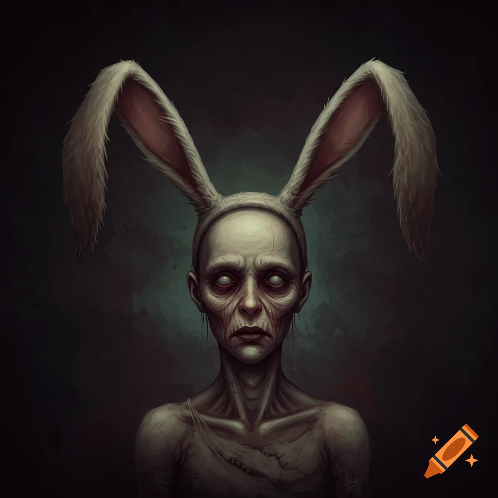 A creepy depiction of a gaunt figure wearing bunny ears.
