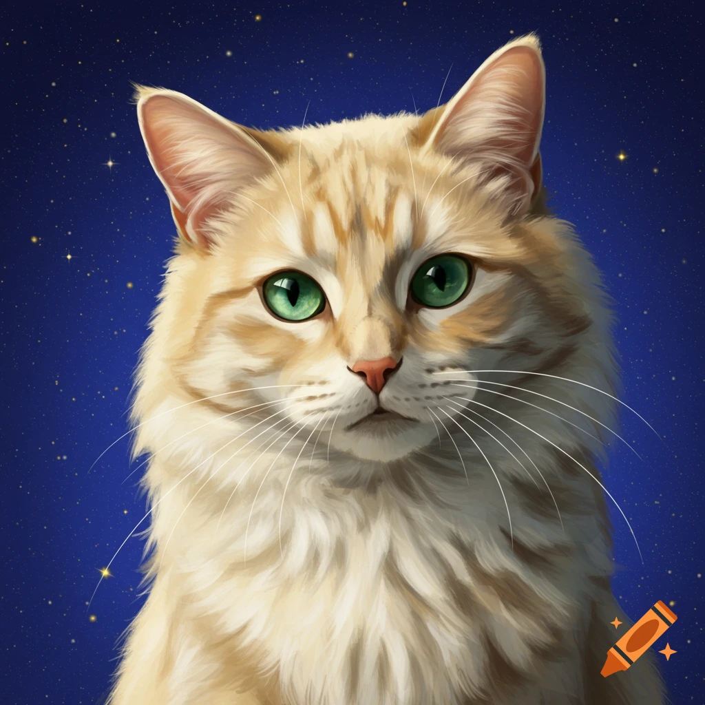 Close-up portrait of a fluffy orange cat with green eyes against a starry blue background.