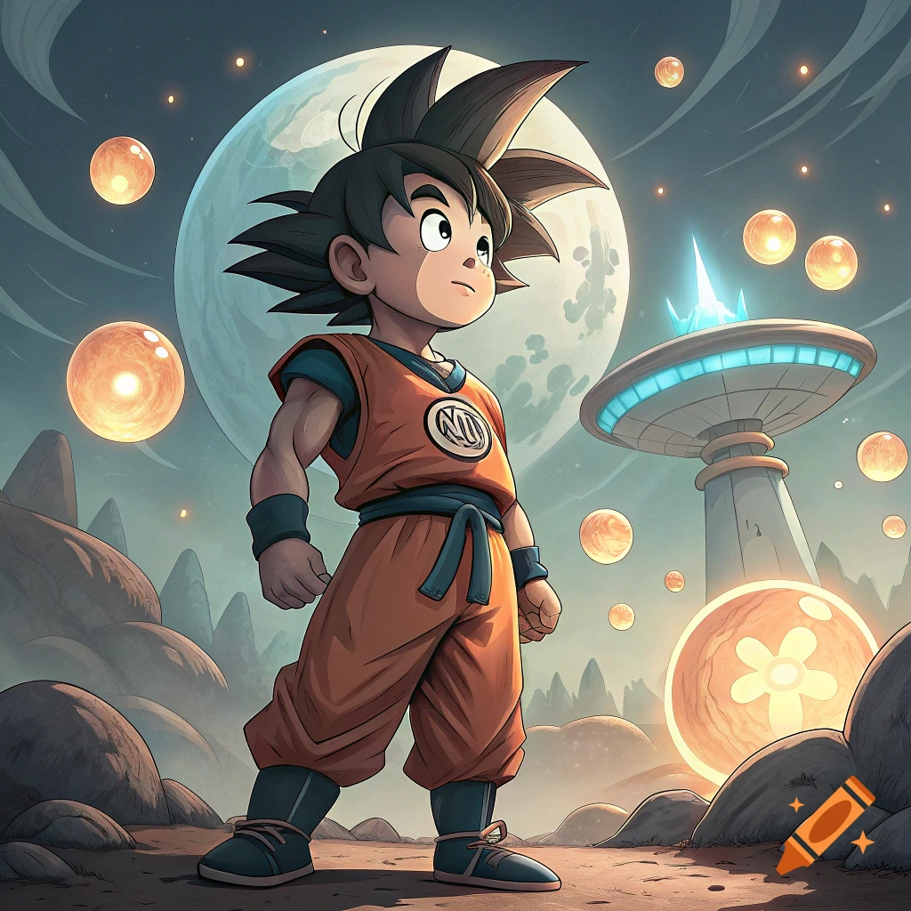 An anime character resembling Goku stands on an alien planet with floating orange orbs, a large moon, and a futuristic building.