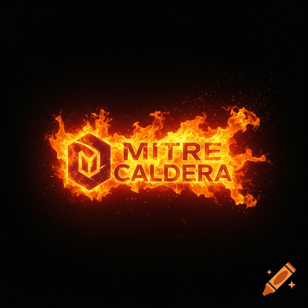 Logo with text MITRE CALDERA engulfed in flames on a black background.