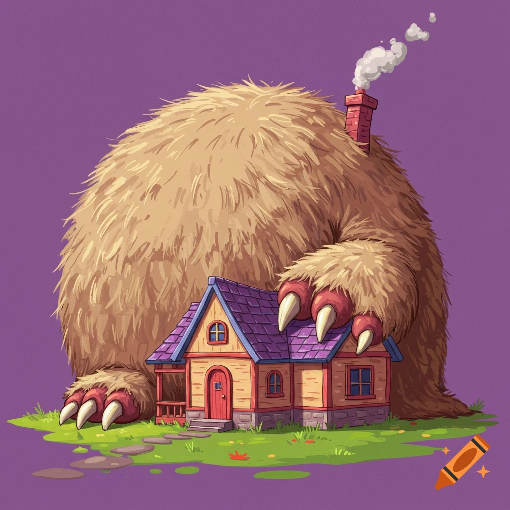 Cartoon illustration of a giant furry monster with large claws next to a small house with a chimney.