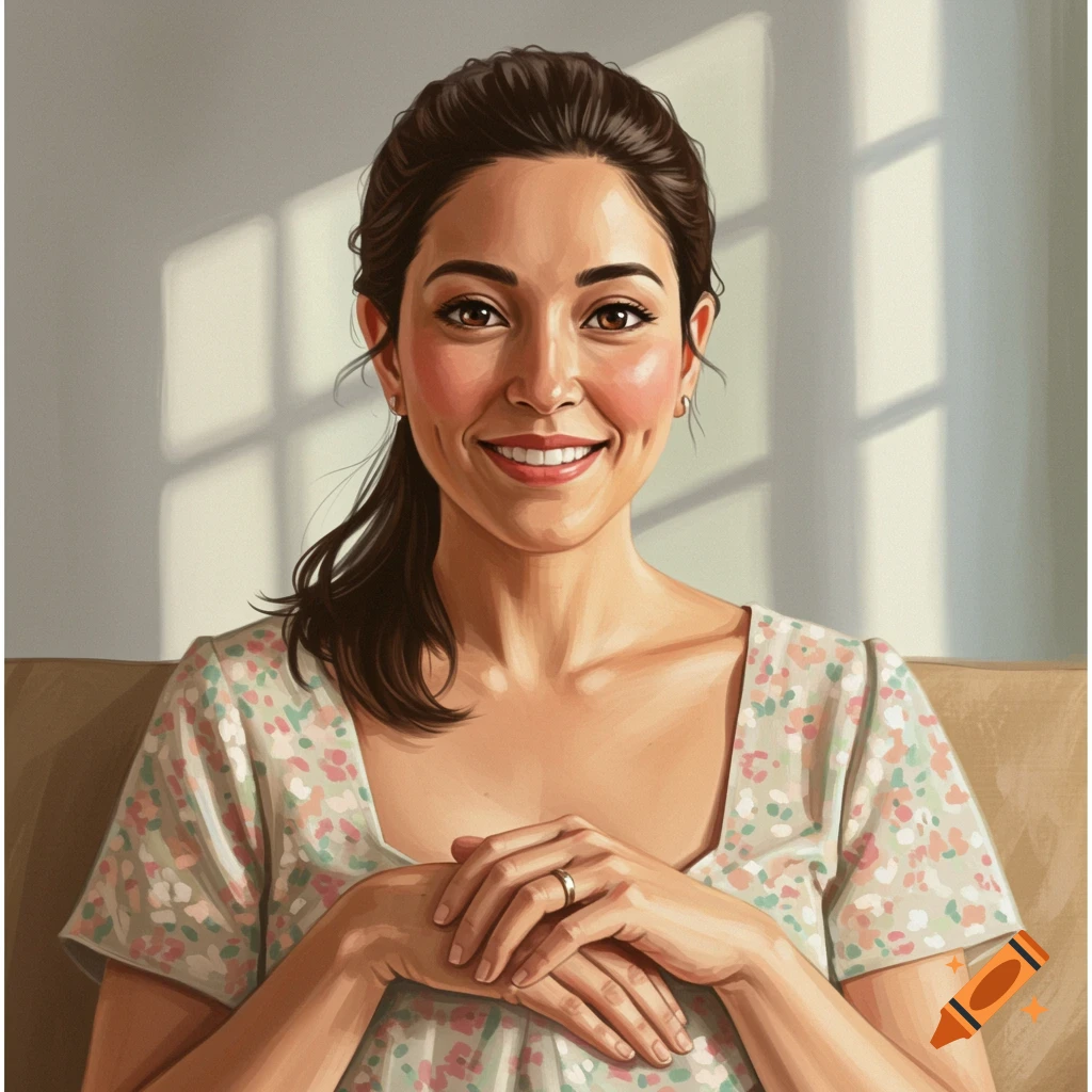 Illustrated portrait of a smiling woman with her hands clasped, sunlight on her face.