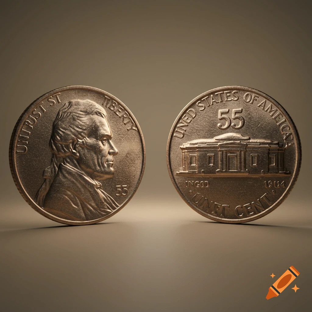 Two US Nickels forming the number 55