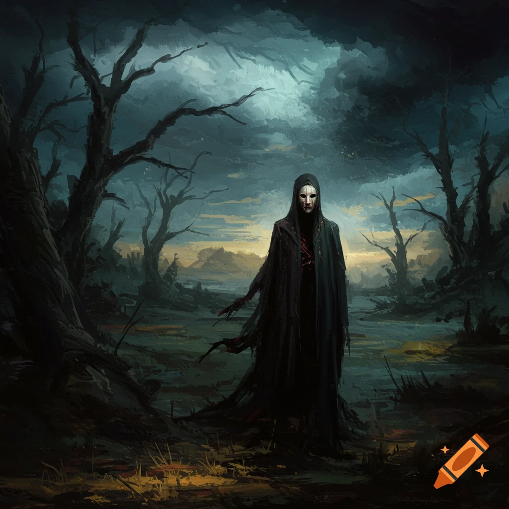 A masked figure in a black robe stands in a dark, eerie forest painting.