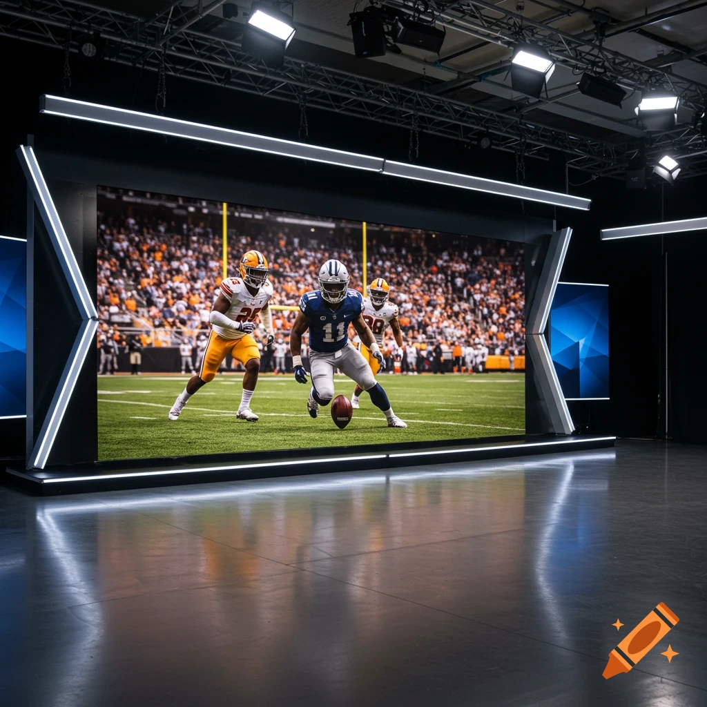 Sports studio with large screens displaying a football game.