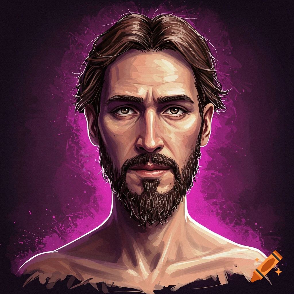 Portrait of a bearded man against a dark purple splattered background.