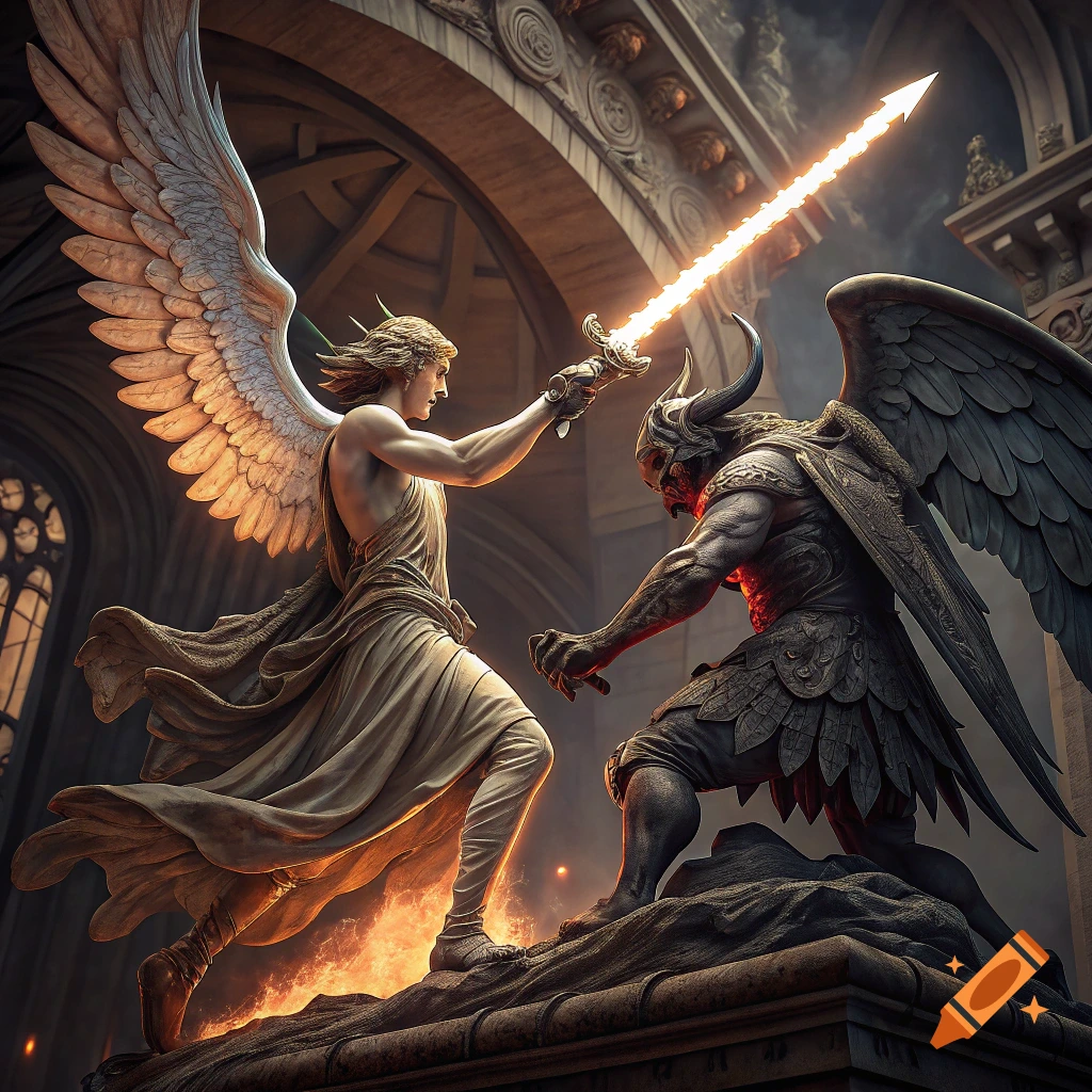 Angel killing demon statue