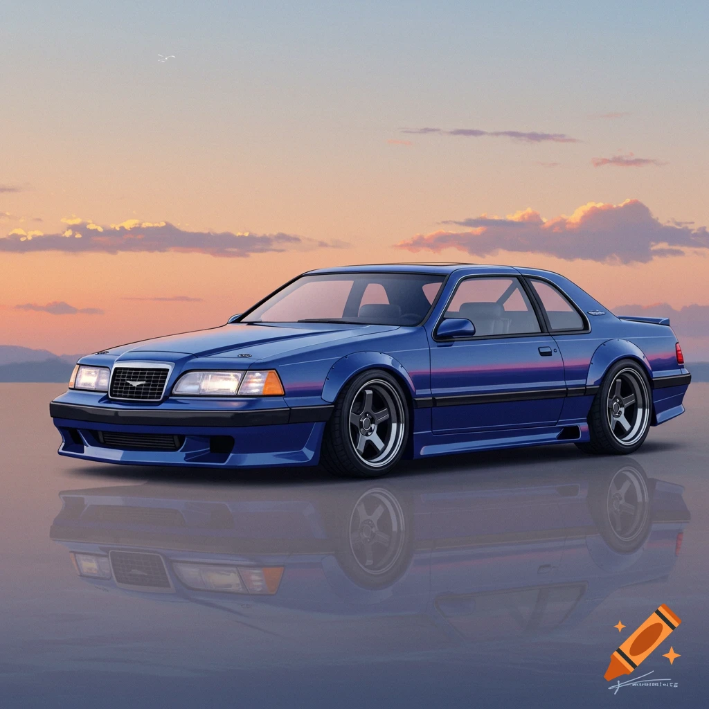Blue wide-body 1988 Ford Thunderbird illustration reflecting on a wet surface at sunset.
