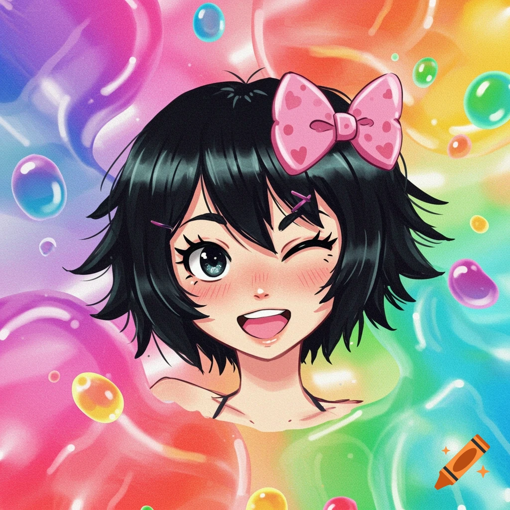 Anime girl with short black hair and a pink bow winks among colorful jelly-like bubbles.
