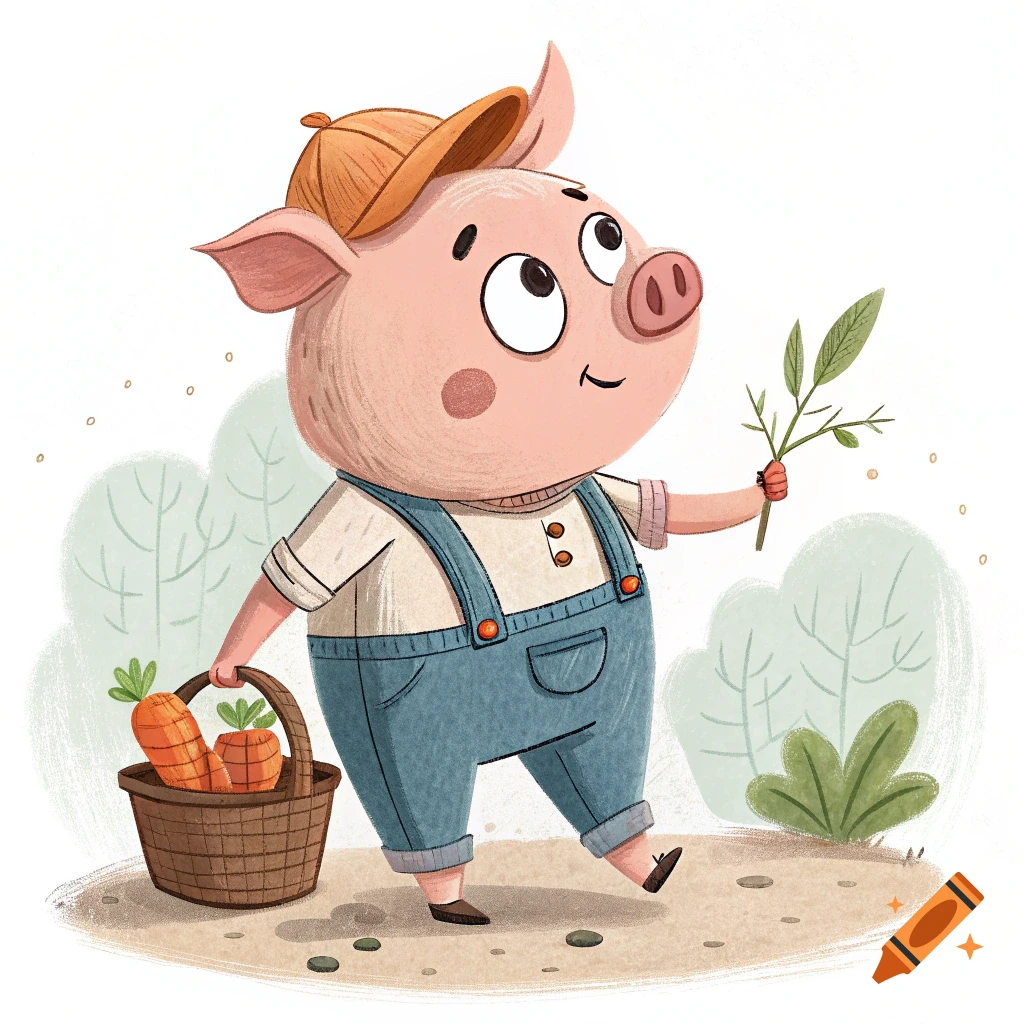 Cartoon illustration of a pig in overalls and a hat, carrying a basket of carrots and a sprig.