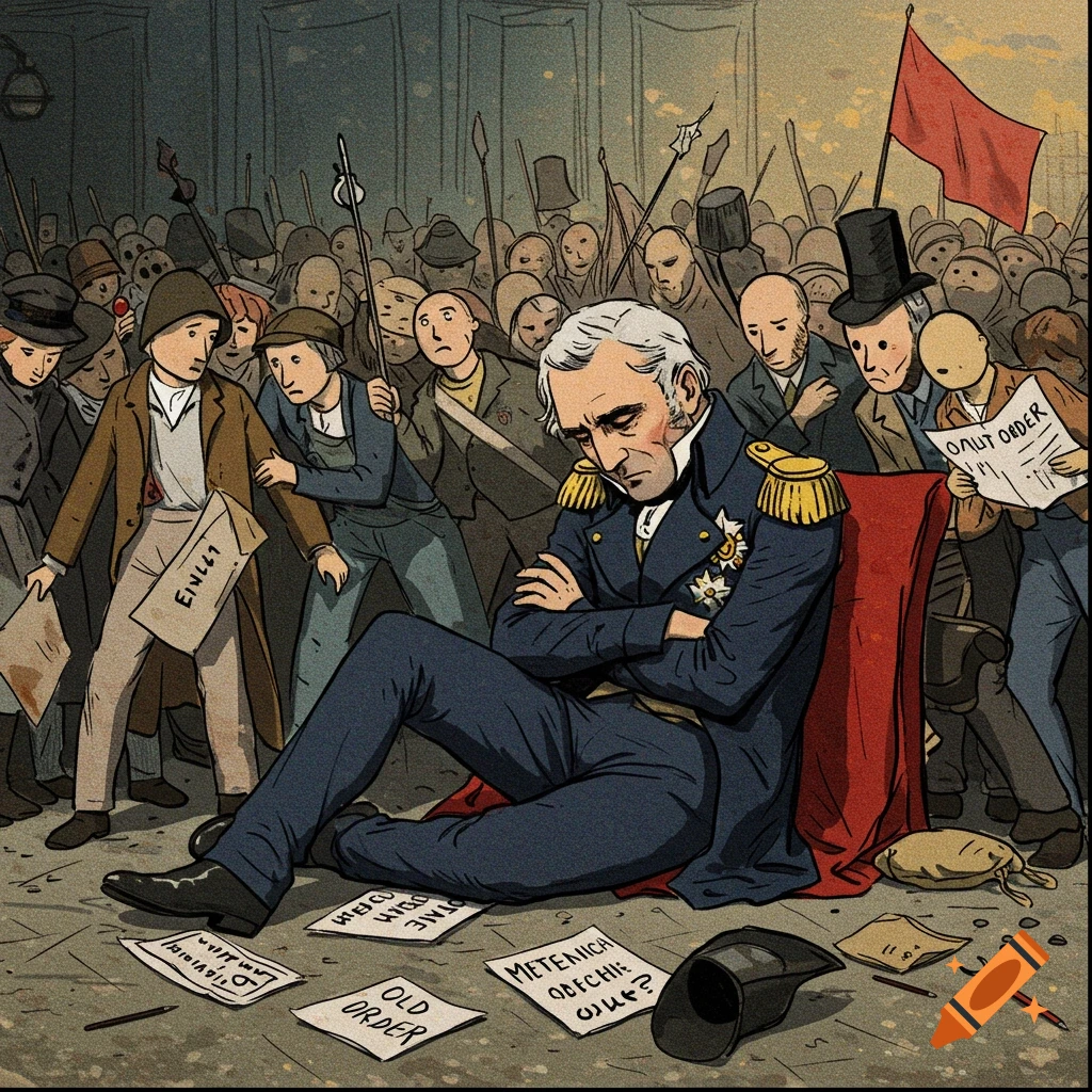 Cartoon illustration of Metternich sitting defeated on the ground, surrounded by papers and a revolutionary crowd holding flags and weapons.