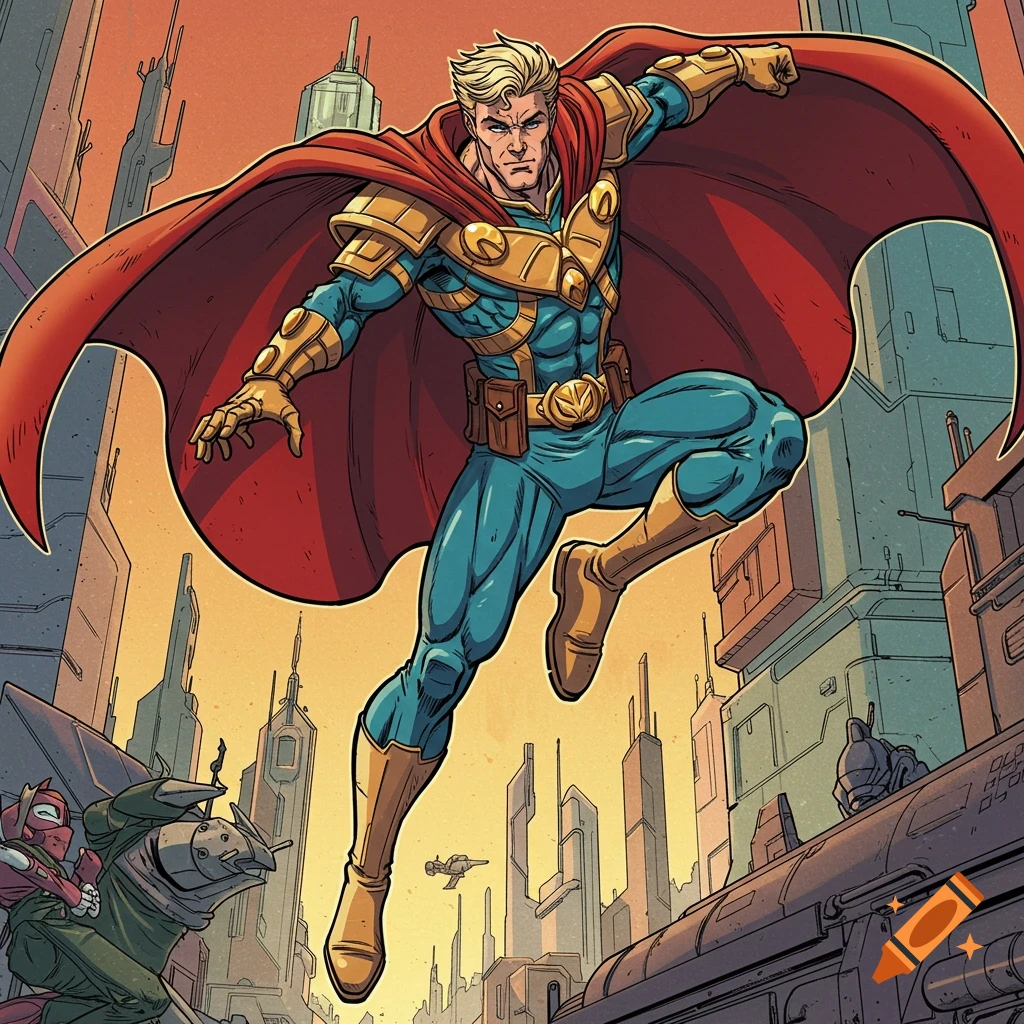Comic art of a male superhero in a blue costume and red cape leaping over a sci-fi city.