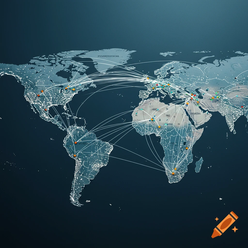 A global map with lines connecting different points around the world.