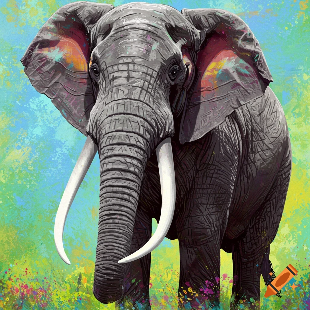 Elephant in a vibrant painterly style with colorful splatters.