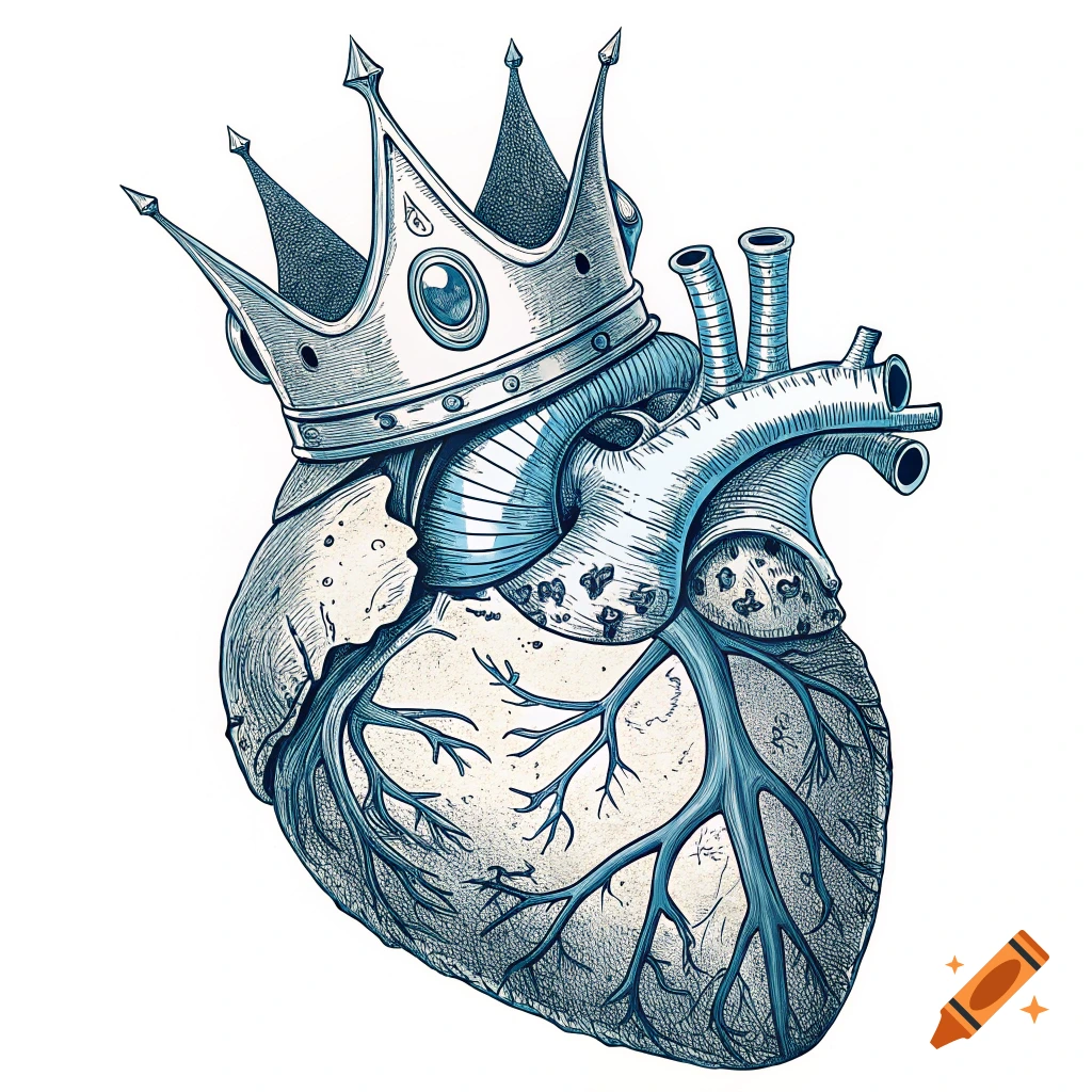 An anatomical heart wearing a spiky crown, illustrated style.