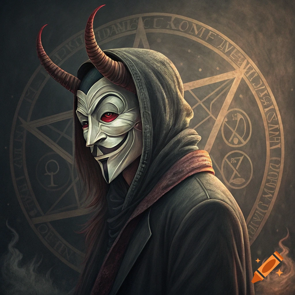 Figure wearing a Guy Fawkes mask with horns and red eyes against an occult symbol background.