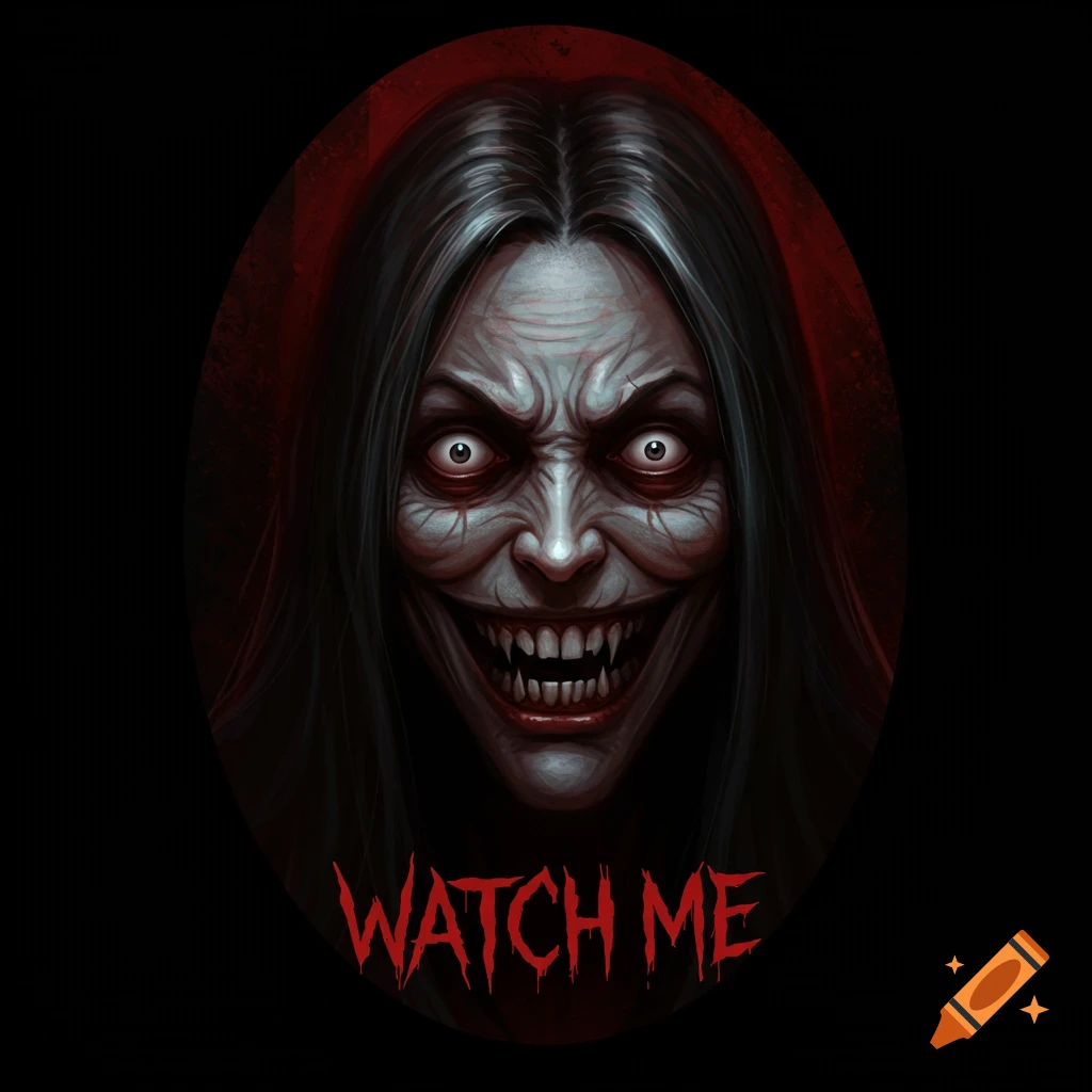 Close-up digital illustration of a terrifying face with sharp teeth, wide eyes, and long dark hair, with the words WATCH ME below.
