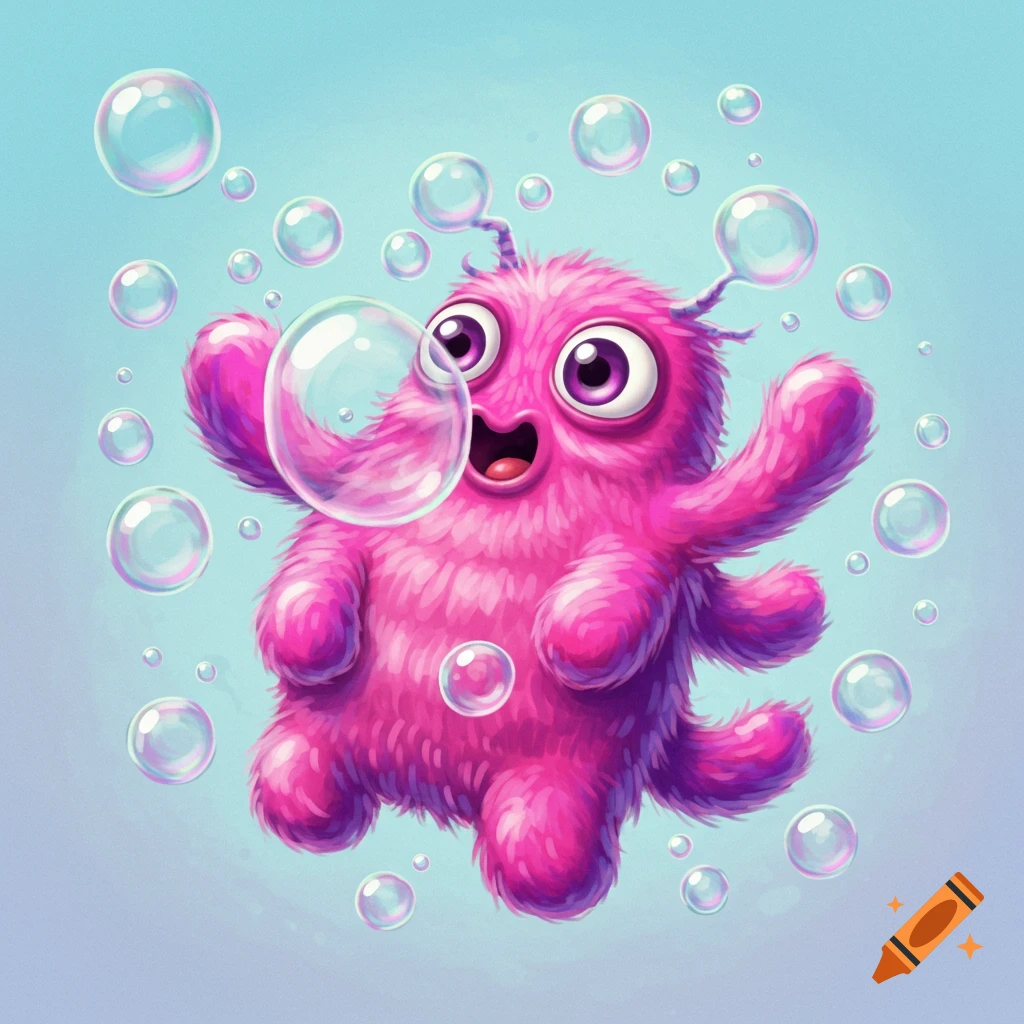 Cute pink furry monster blowing a large bubble among many other bubbles.