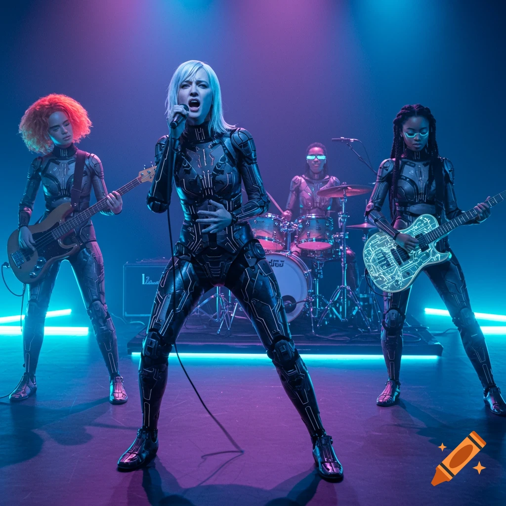 Photorealistic android band in futuristic suits performs on stage under neon lights.