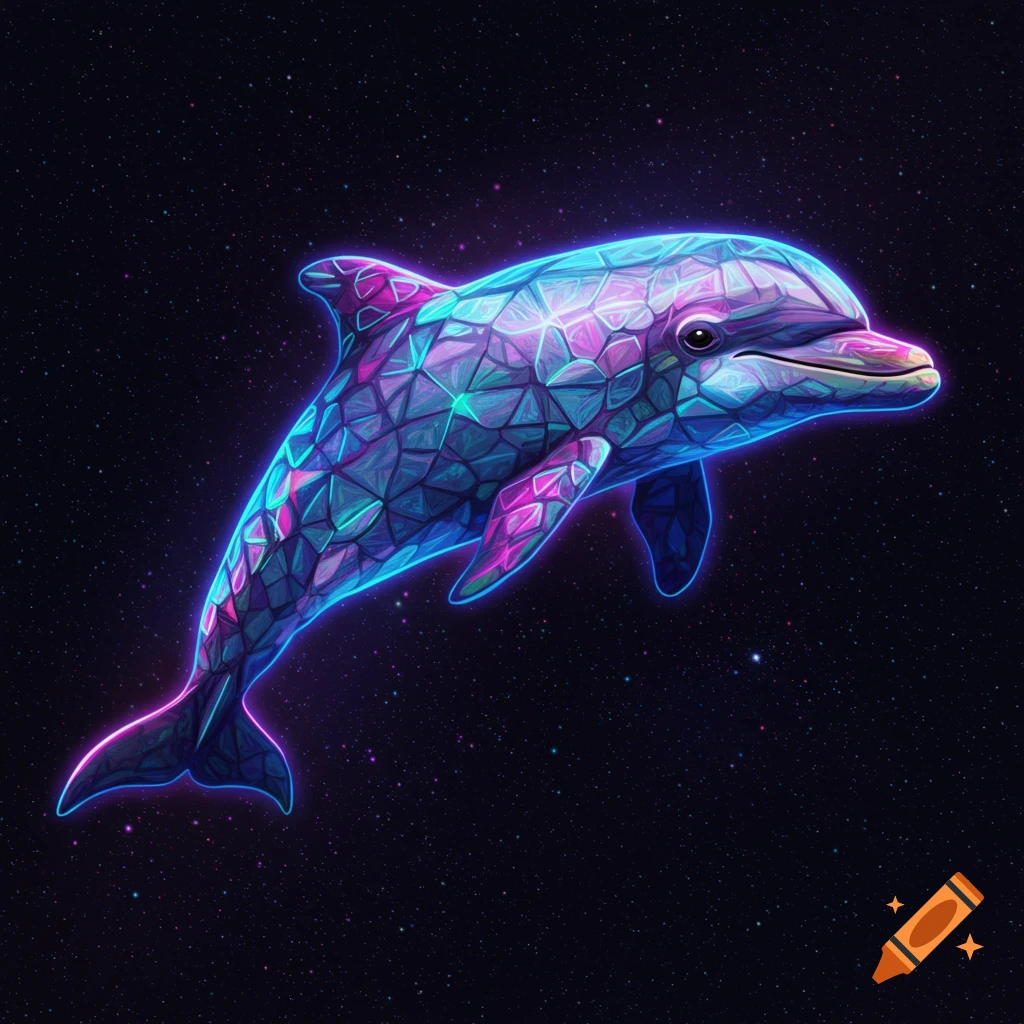 A vibrant neon mosaic dolphin swimming in a starry space.