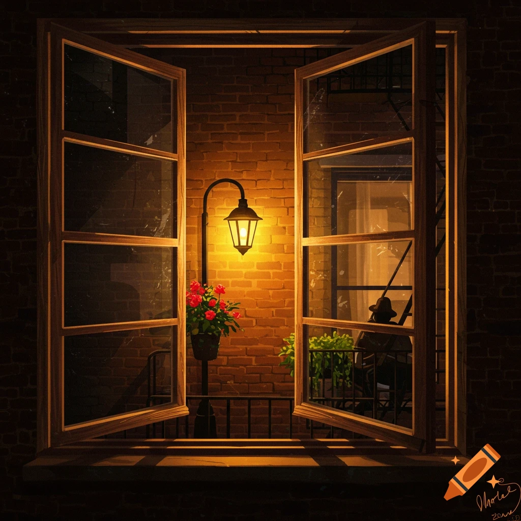 Illustration of a window looking out at night onto a street with a lit lamppost, flowers, and a silhouetted figure.