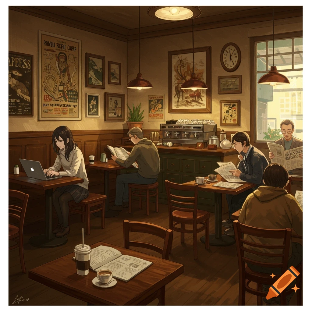 People reading and working in a cozy coffee shop with posters and an espresso machine. Illustration style.
