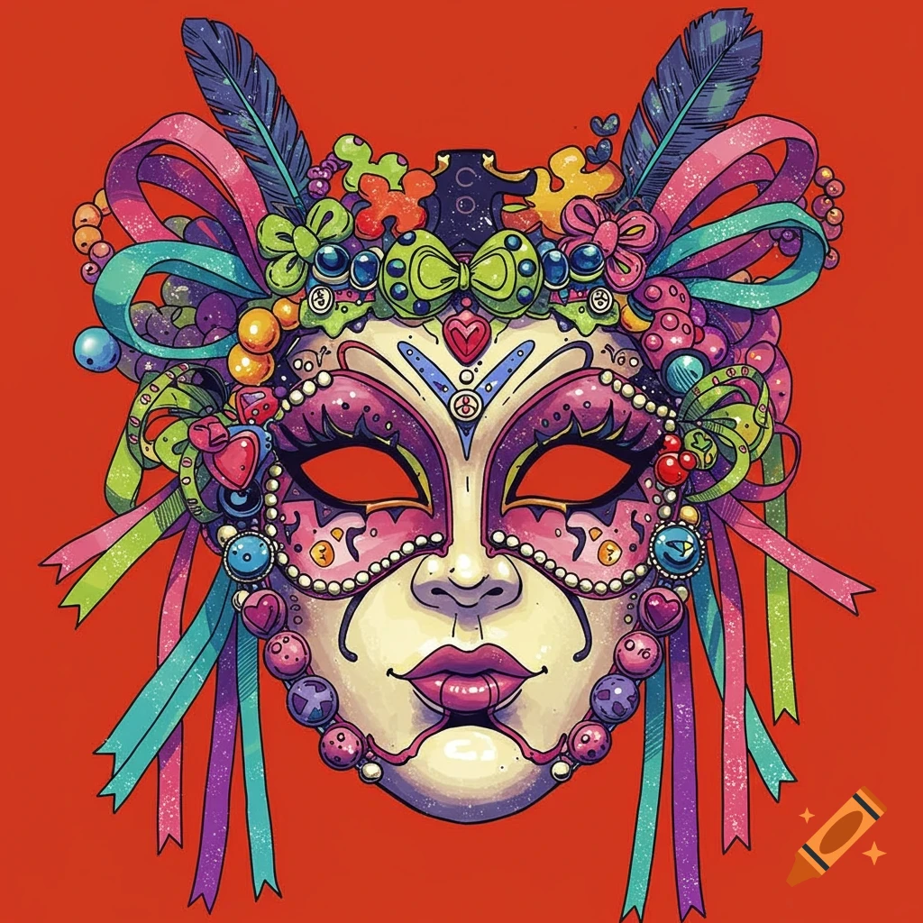 Colorful, decorated masquerade mask with ribbons, feathers, and beads on a red background. Illustration style.