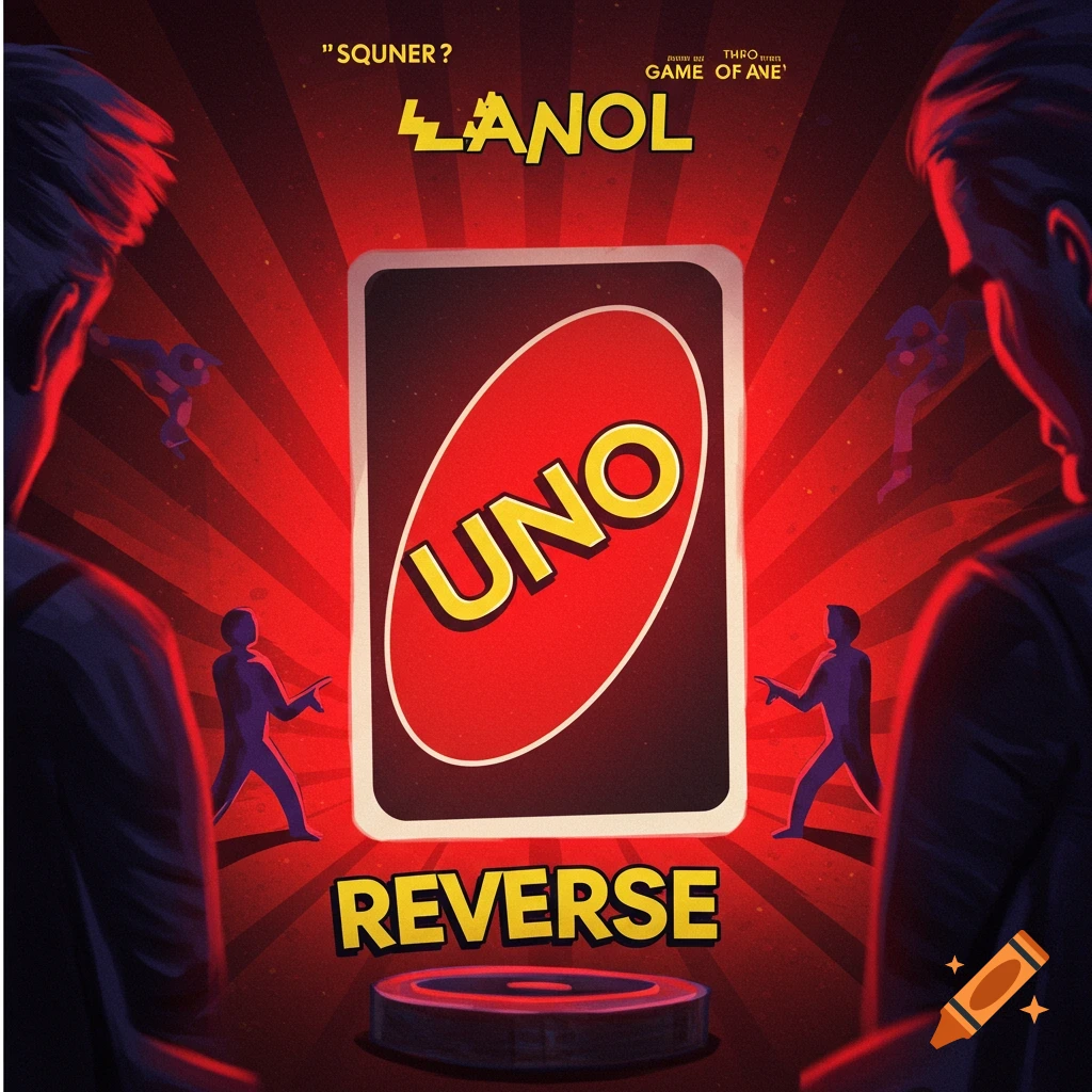 Movie poster for Uno Reverse card with two figures looking at a giant UNO Reverse card, dramatic lighting.