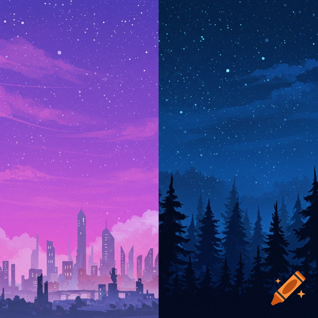 A divided night scene with a purple cityscape on the left and a blue forest on the right under starry skies.