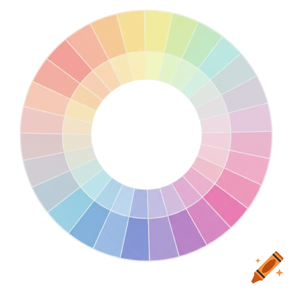 An illustration of a color wheel with rings of pastel and muted colors.