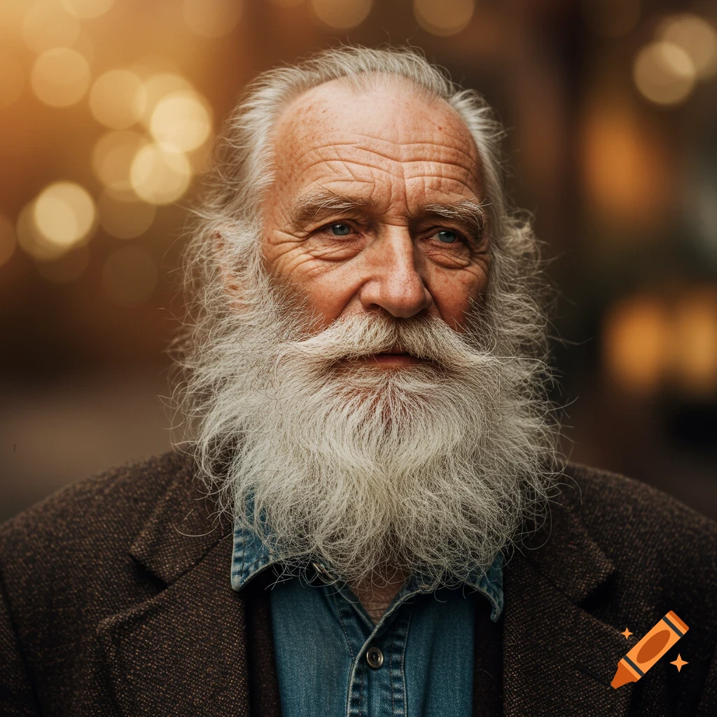 Photorealistic close-up portrait of an old man with a long white beard and mustache, wearing a brown jacket and blue shirt.