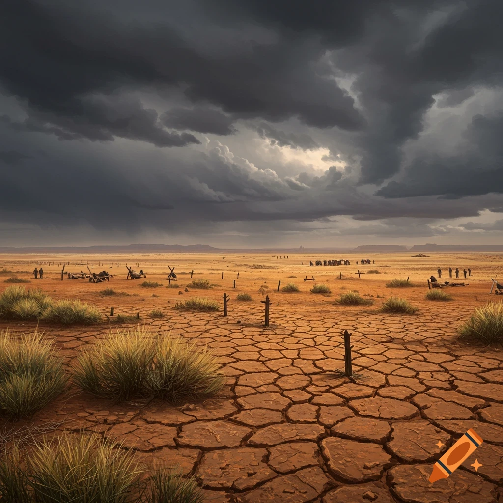 A desolate, cracked desert landscape under dramatic, stormy skies with small figures in the distance.