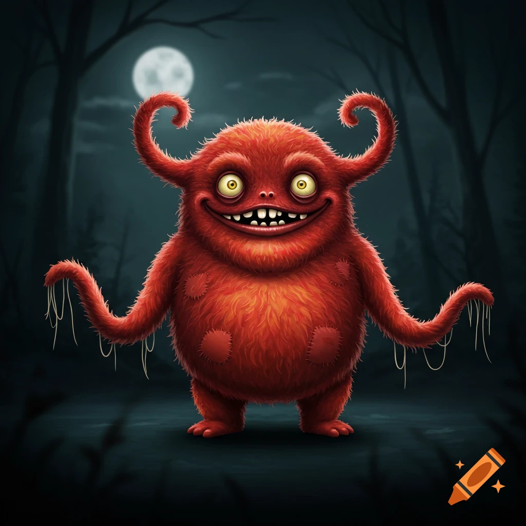 A red furry monster with yellow eyes stands in a dark forest under a full moon.
