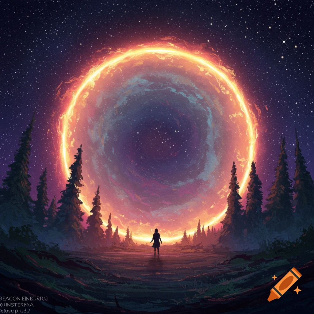 A person stands in a forest clearing looking at a large, glowing ring portal under a starry night sky.