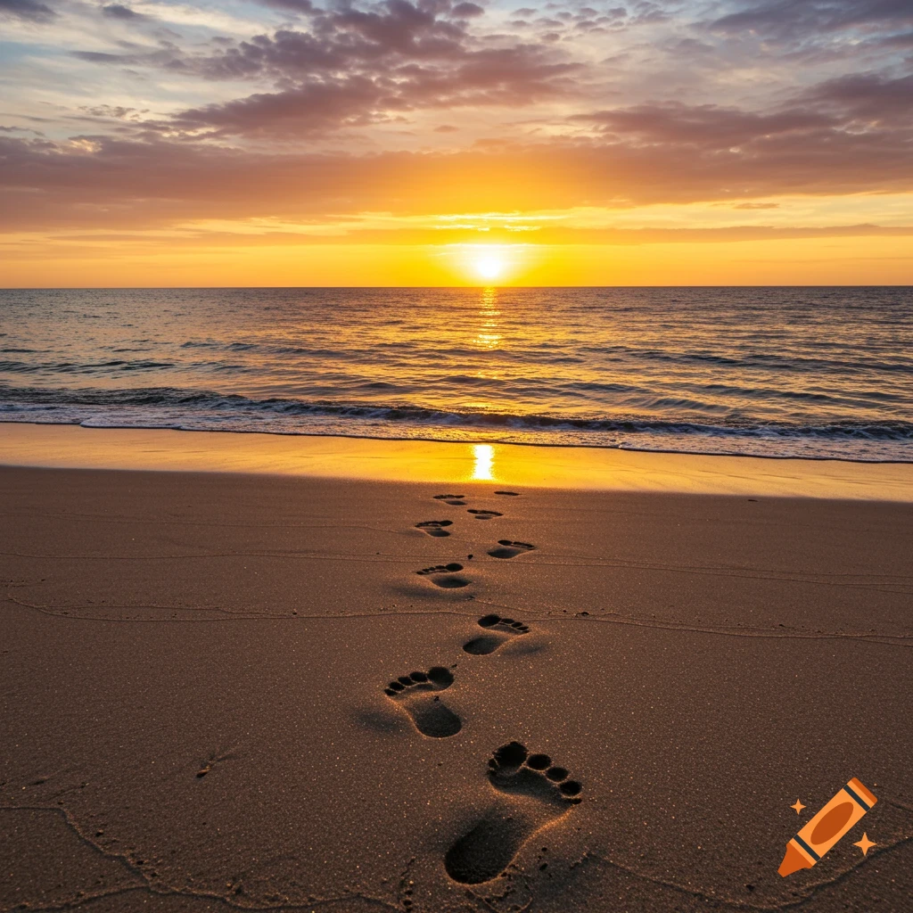 Footprints on a sandy beach leading toward the ocean during a golden sunset.
