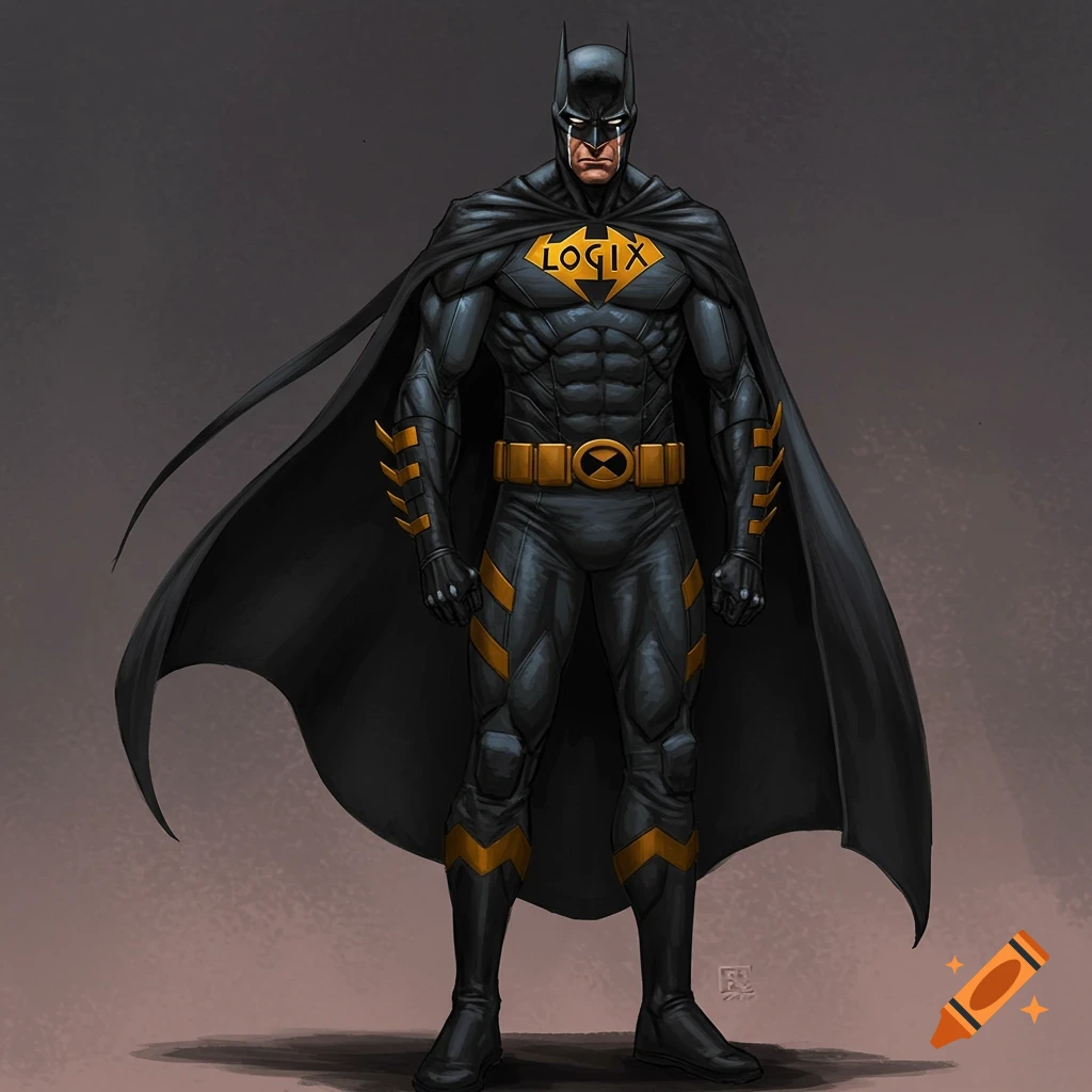 Illustration of a superhero resembling Batman in a black and gold suit with a cape and a chest symbol reading LOGIX.